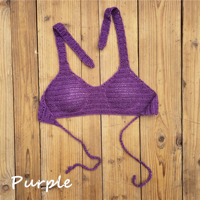 Cabana Push Up Knitted Crochet Halter Bikini Top  Sunset and Swim Purple S 