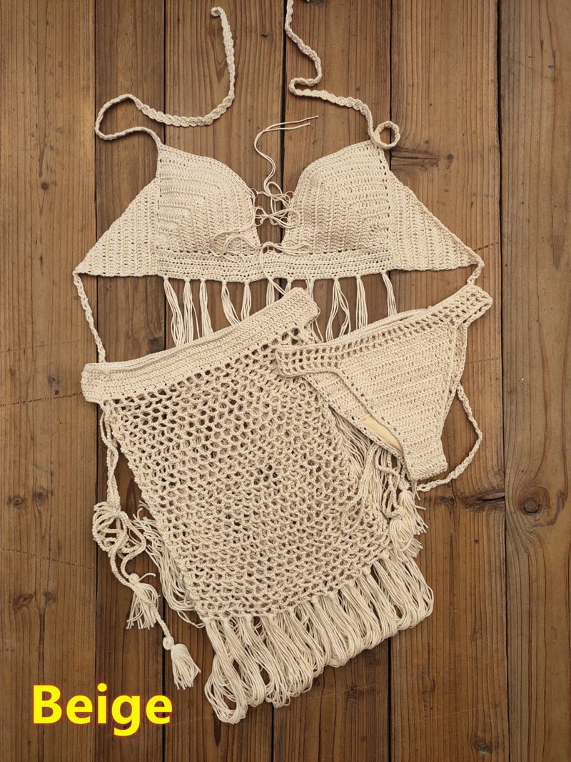 Bohemian Breeze 3-Piece Crochet Bikini Set with Tassel Skirt  Sunset and Swim 3 piece set Beige One Size 