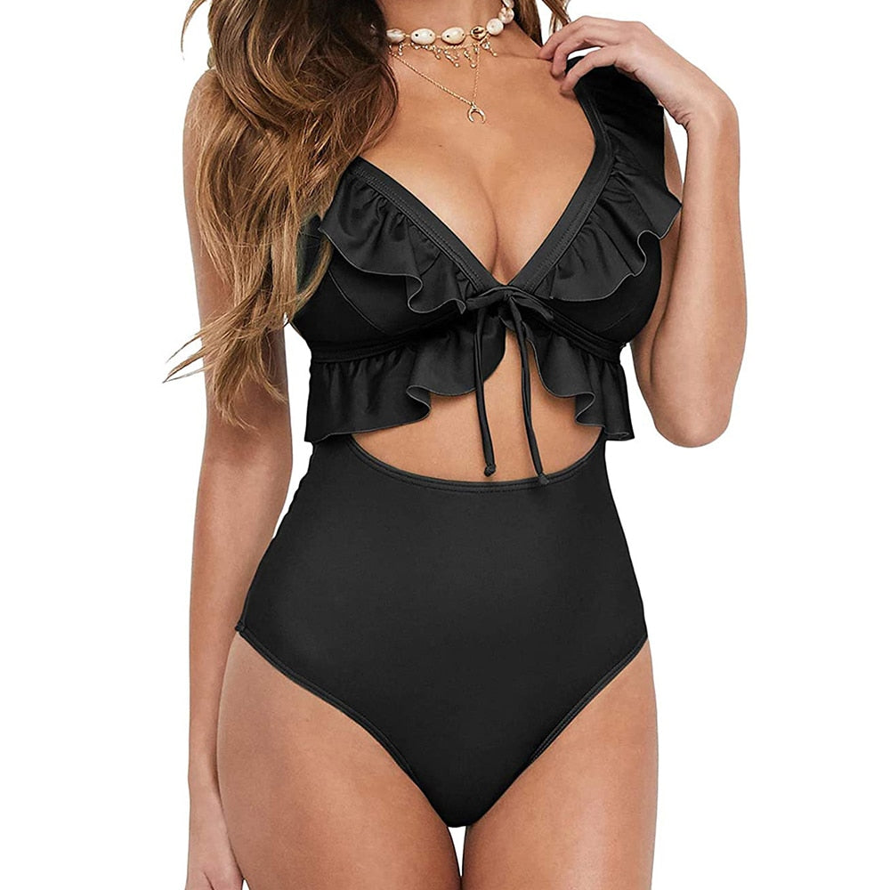 Elegance Unleashed Plus-Size Ruffle Monokini Swimsuit  Sunset and Swim Black S 