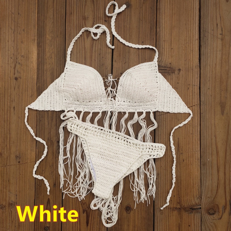 Bohemian Breeze 3-Piece Crochet Bikini Set with Tassel Skirt  Sunset and Swim White Set One Size 