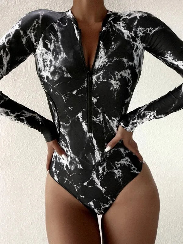 Ocean Drift Long Sleeve Rash Guard Zipper Swimsuit Sunset and Swim Black/White S 