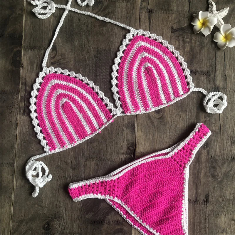 Paradise Perfection Crochet Triangle Bikini Pink Set  Sunset and Swim   