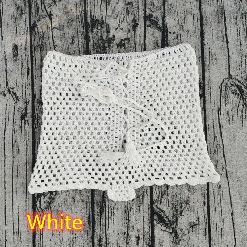 Seaside Whispers Boho Crochet Shorts Sunset and Swim White S 