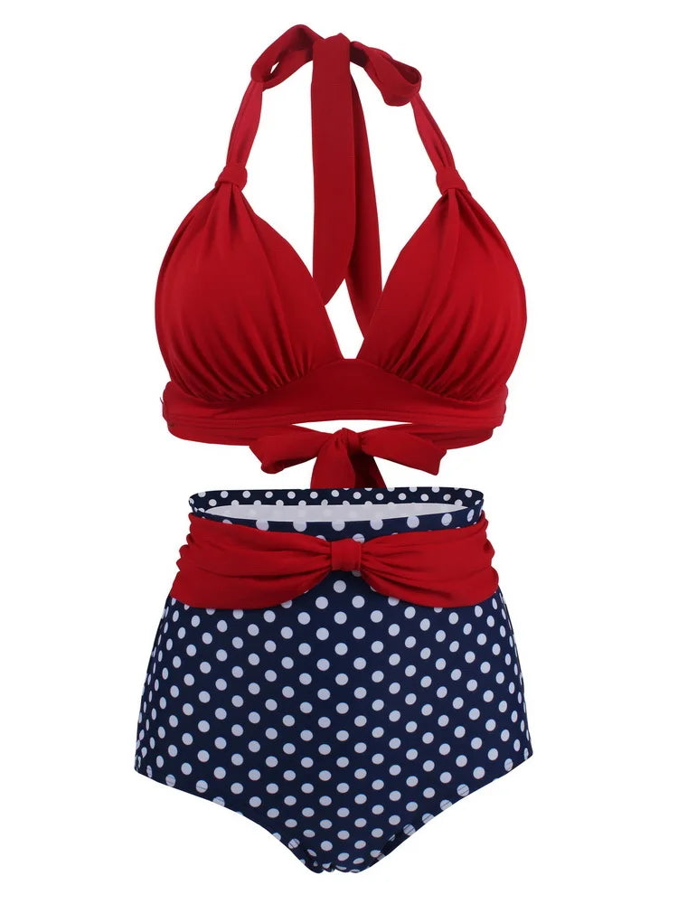 Retro Queen Halter High Waist Bikini Sunset and Swim Red/Blue XL 