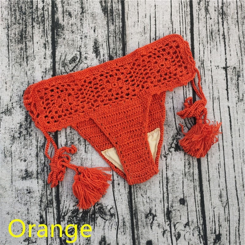 15 Color Women Openwork Mediterranean Grid Crochet Shorts Bikini Bottom Tassel Casual Beach Bandage Hot Pants Sunset and Swim Orange S 