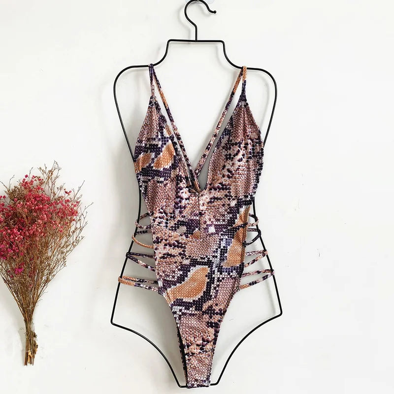 Snake Print V Neck Strappy Swimsuit Sunset and Swim