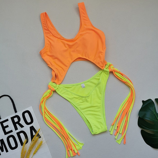 Tassel Dreams Underboob High Cut Out Swimsuit  Sunset and Swim Orange 2 S 