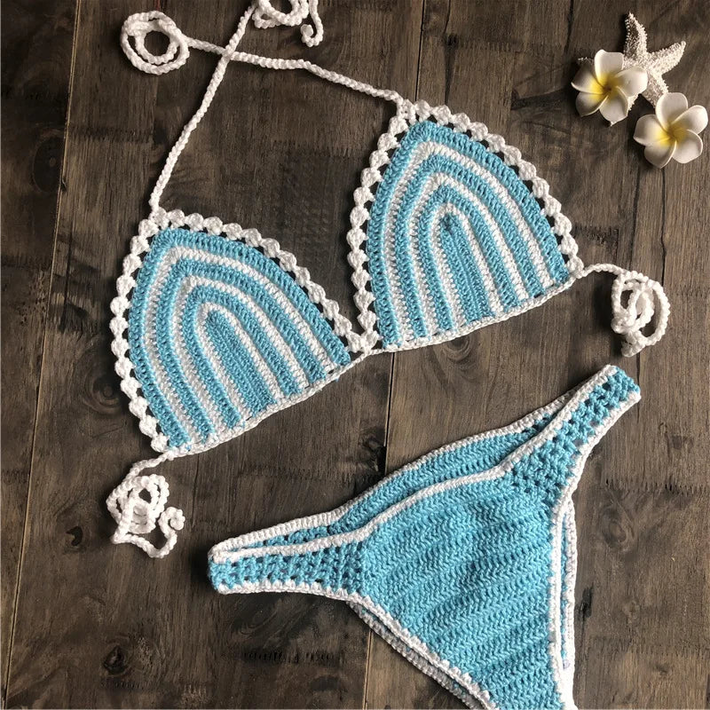 Paradise Perfection Crochet Triangle Bikini Blue Set  Sunset and Swim   