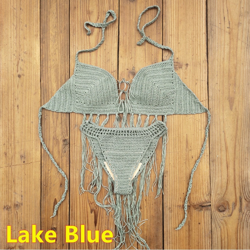 Bohemian Breeze 3-Piece Crochet Bikini Set with Tassel Skirt  Sunset and Swim Lake Blue Set One Size 