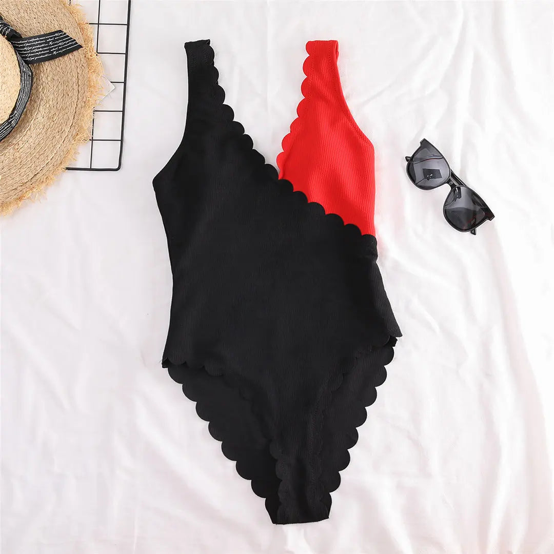 Whispering Waves Scalloped Cut Full-Coverage One Piece Swimsuit Sunset and Swim Black/Red S 