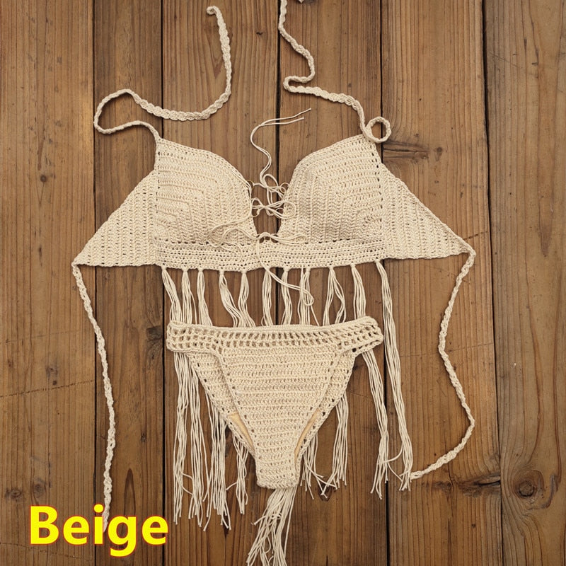 Bohemian Breeze 3-Piece Crochet Bikini Set with Tassel Skirt  Sunset and Swim Beige Set 1 One Size 