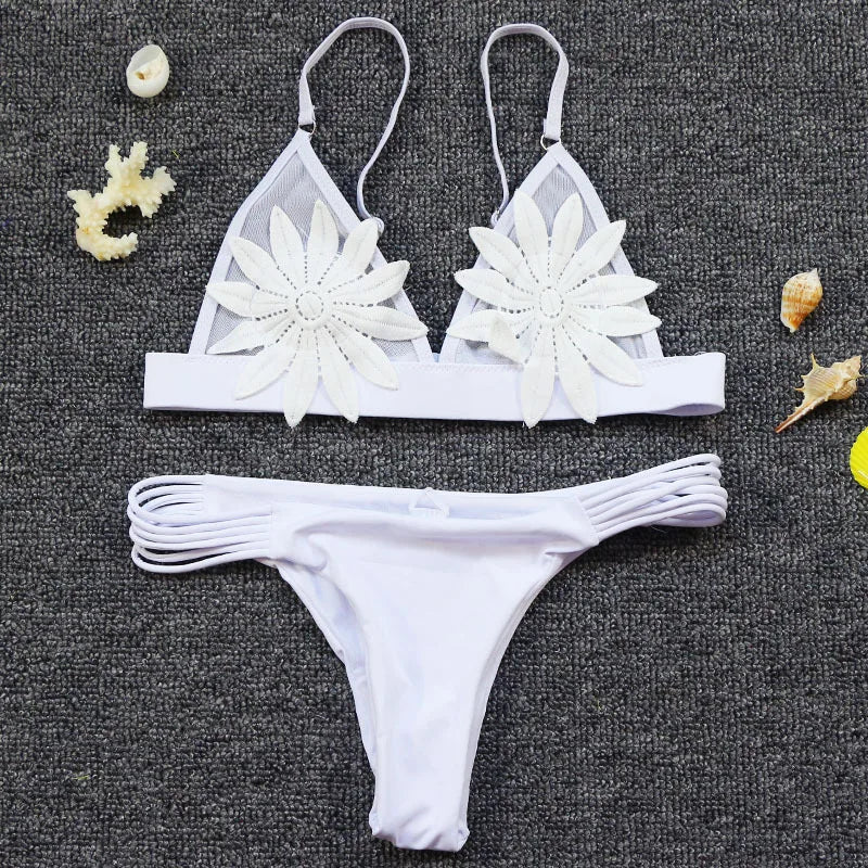 Sunset Crush Sexy 3D Floral Transparent Brazilian White Bikini  Sunset and Swim   