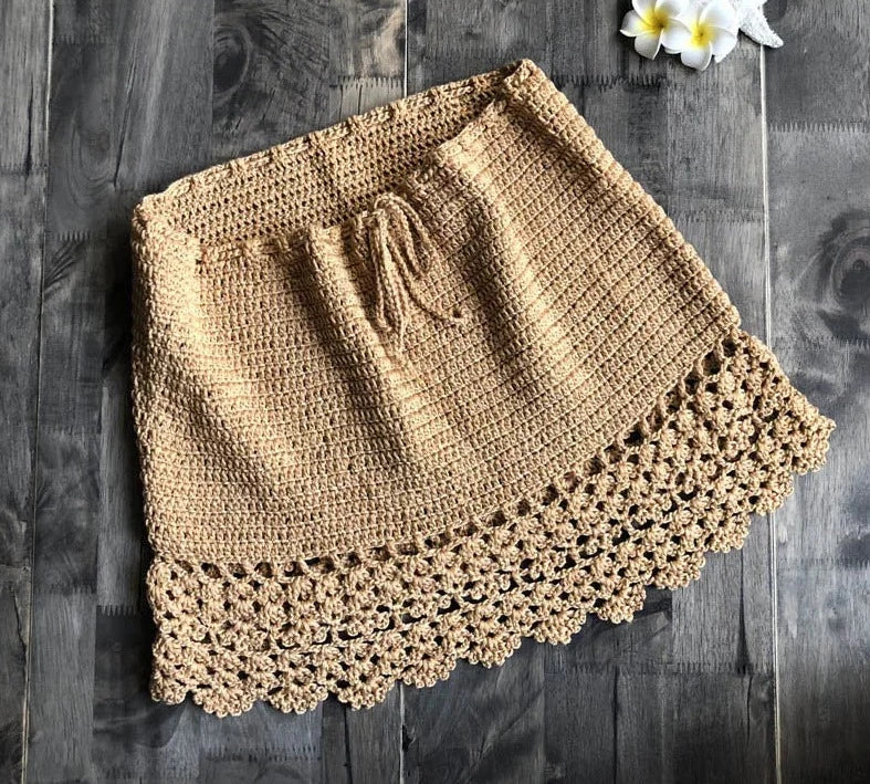 Boho Breeze Handmade Crochet Mini Skirt  Sunset and Swim Khaki One Size 