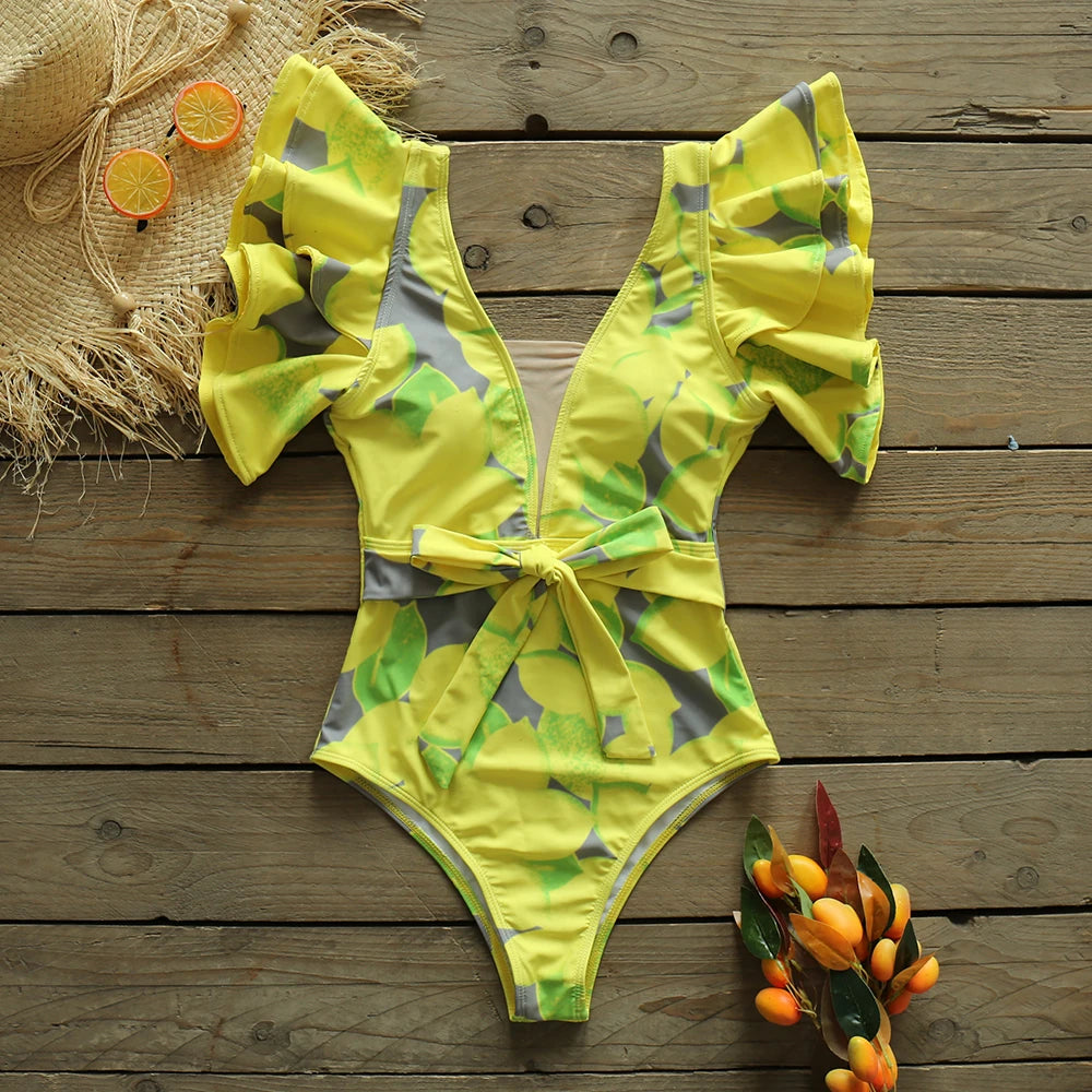 Pure Paradise Ruffle Shoulder Belt Swimsuit  Sunset and Swim Yellow S 