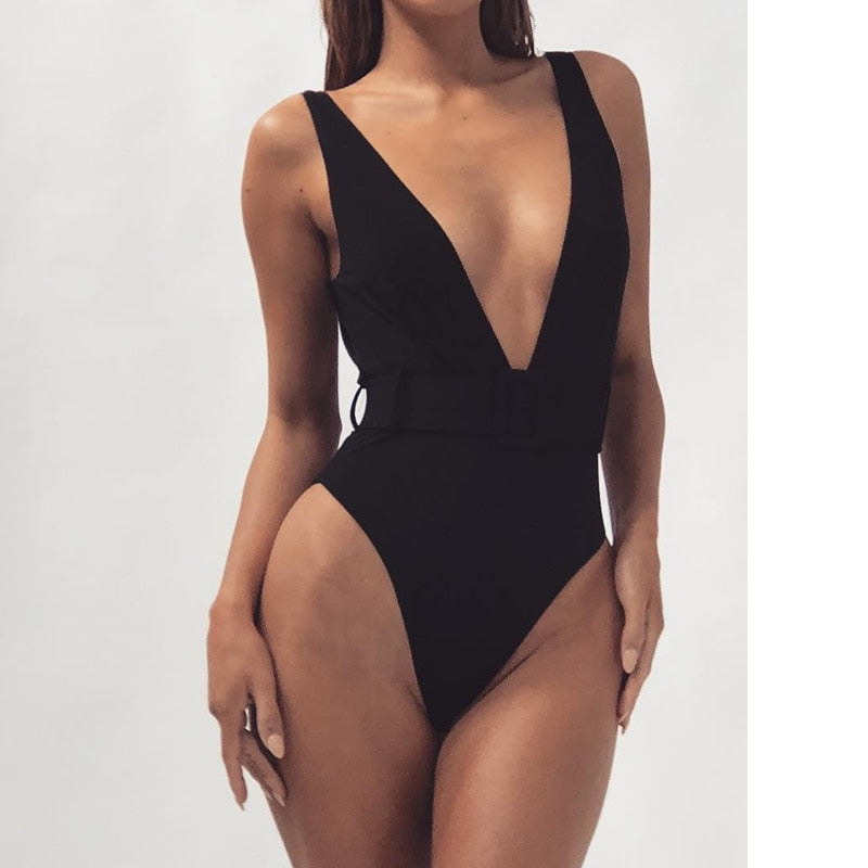 Luminescent Waves Belted Plunge Neon One Piece Swimsuit  Sunset and Swim Black S 