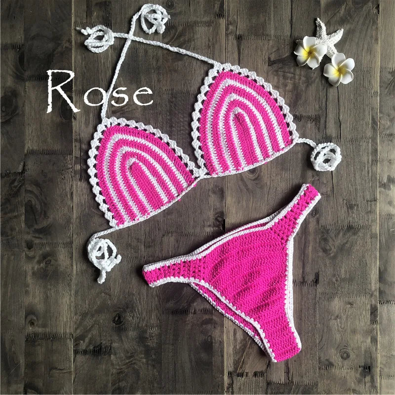 Paradise Perfection Crochet Triangle Bikini Pink Set  Sunset and Swim Rose Red S 