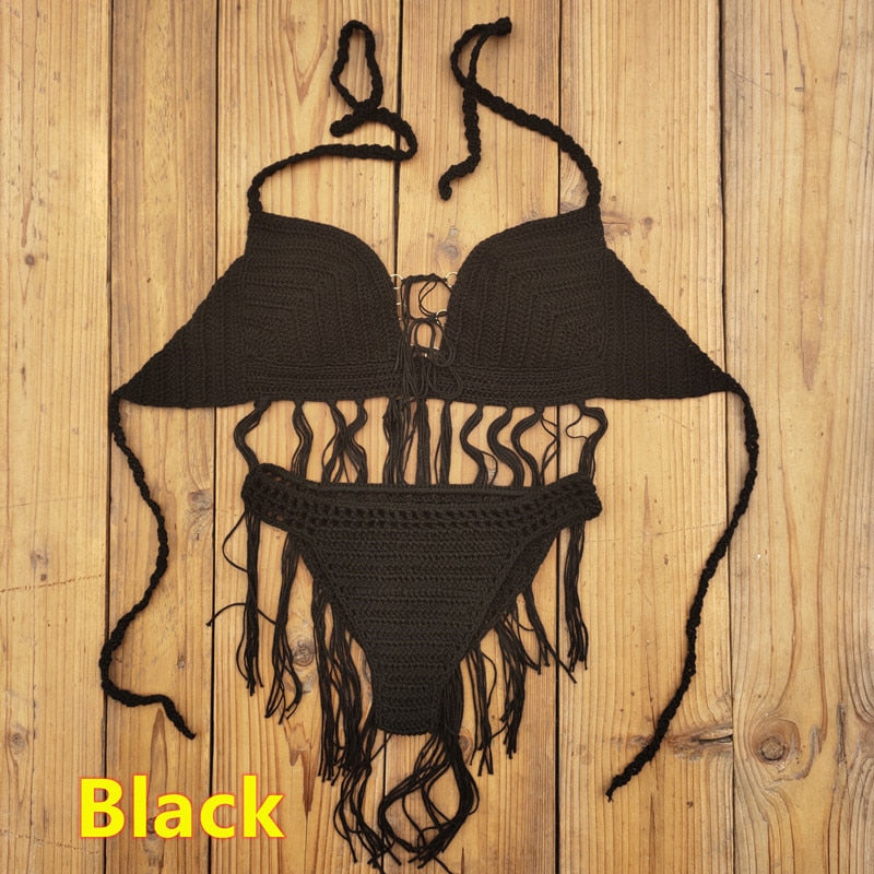 Bohemian Breeze 3-Piece Crochet Bikini Set with Tassel Skirt Sunset and Swim Black Set One Size 