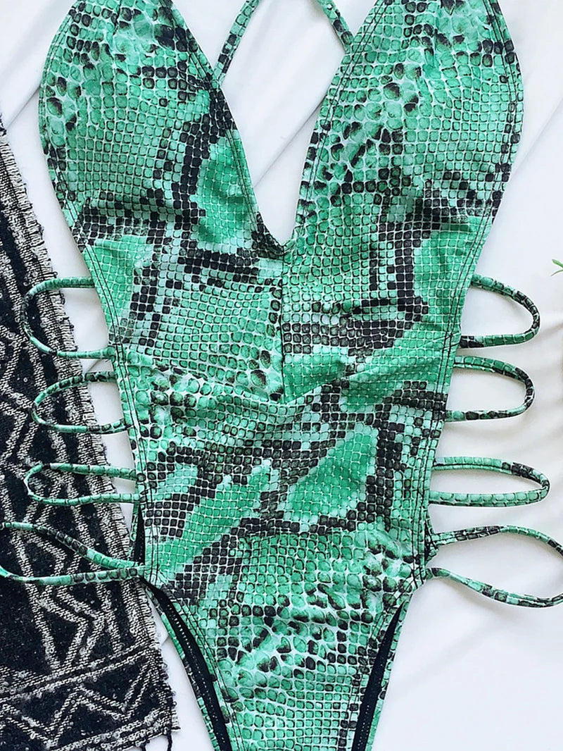 Snake Print V Neck Strappy Swimsuit