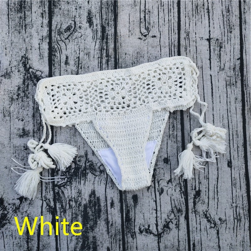 15 Color Women Openwork Mediterranean Grid Crochet Shorts Bikini Bottom Tassel Casual Beach Bandage Hot Pants Sunset and Swim White S 