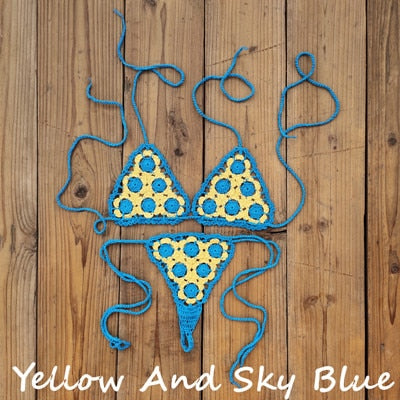 Crochet See Through Micro Extreme Mini String Bikini  Sunset and Swim Yellow/Sky Blue One Size 