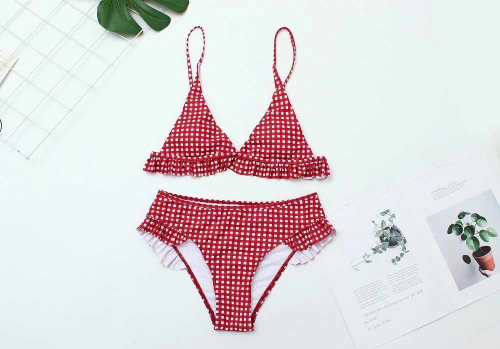 Sunset and Swim Preppy Plaid Ruffle Bikini Sunset and Swim