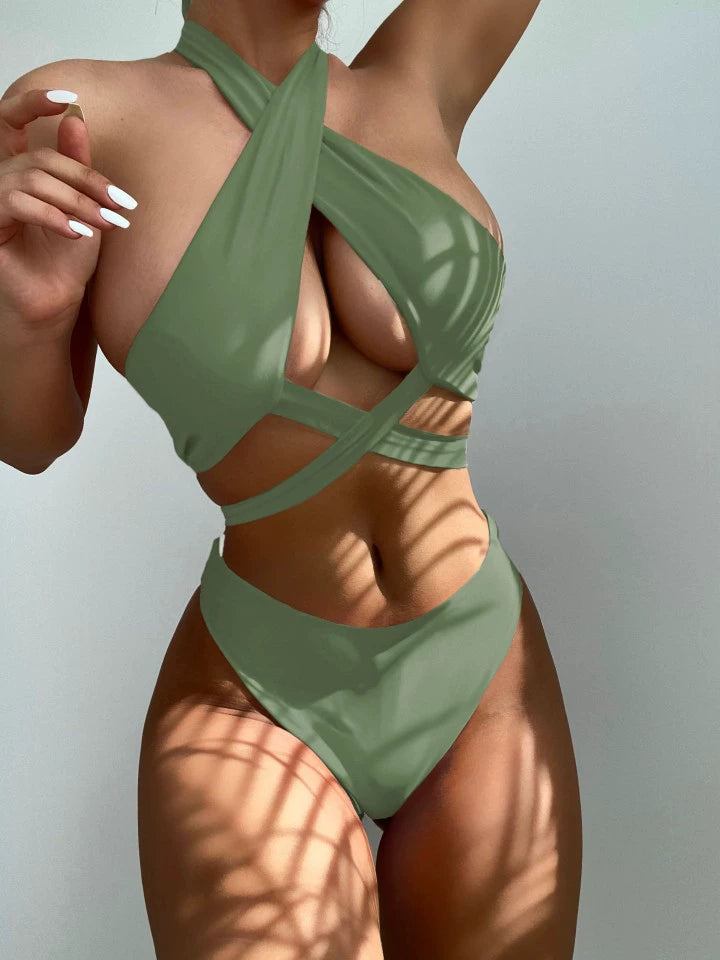 High Neck Cut Out Underboob Bikini Sunset and Swim Army green S