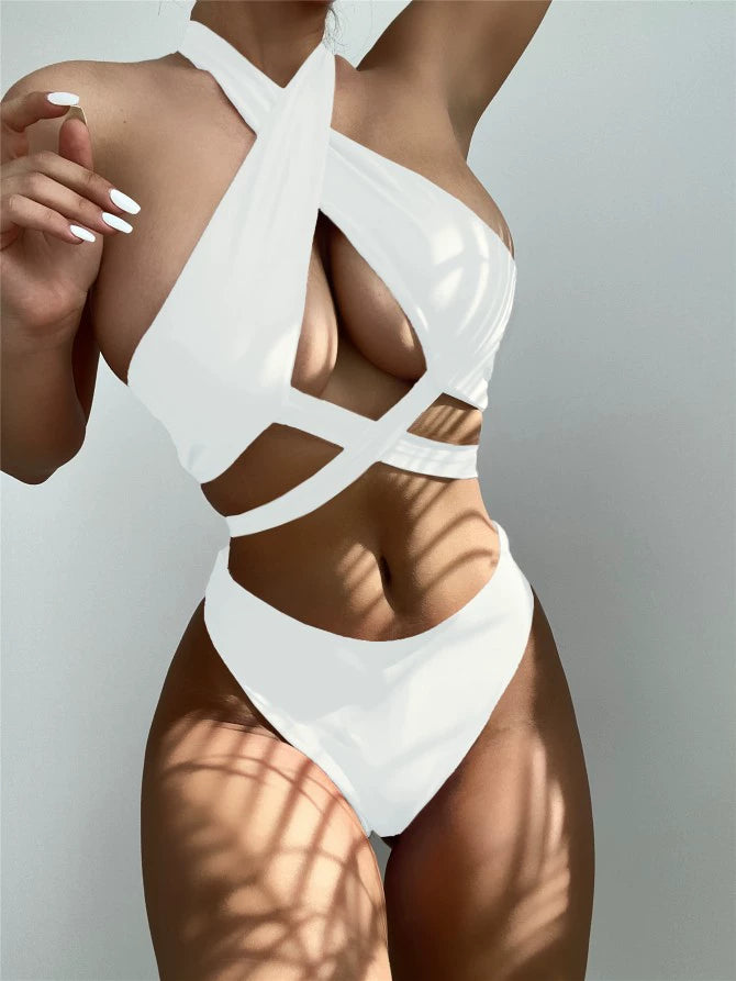 High Neck Cut Out Underboob Bikini Sunset and Swim White S