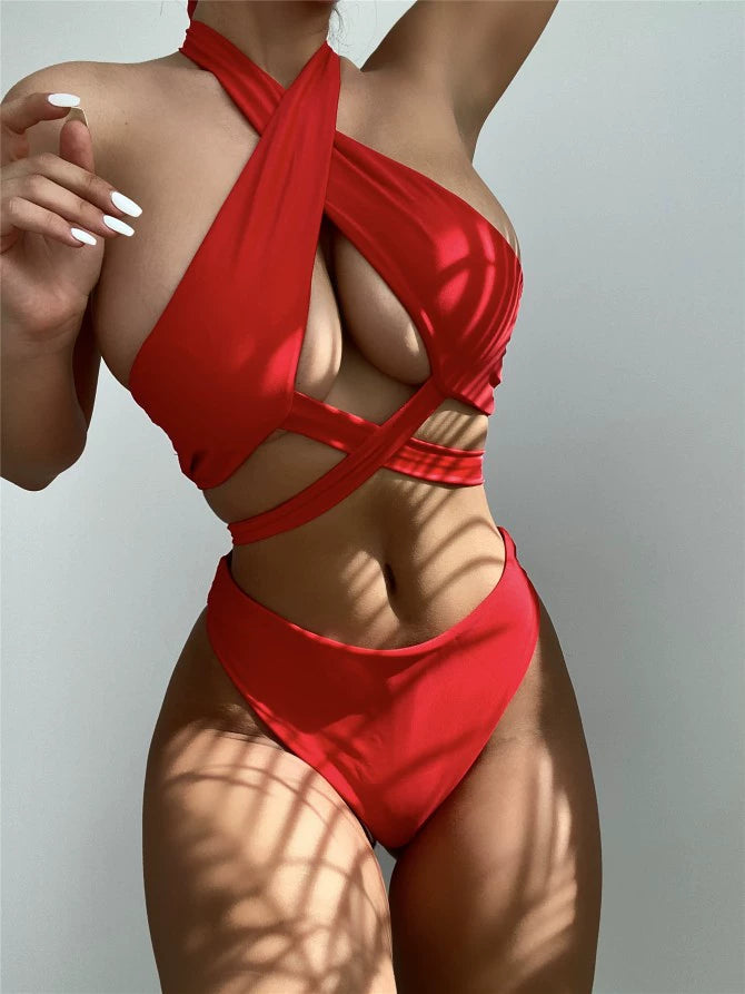 High Neck Cut Out Underboob Bikini Sunset and Swim Red S