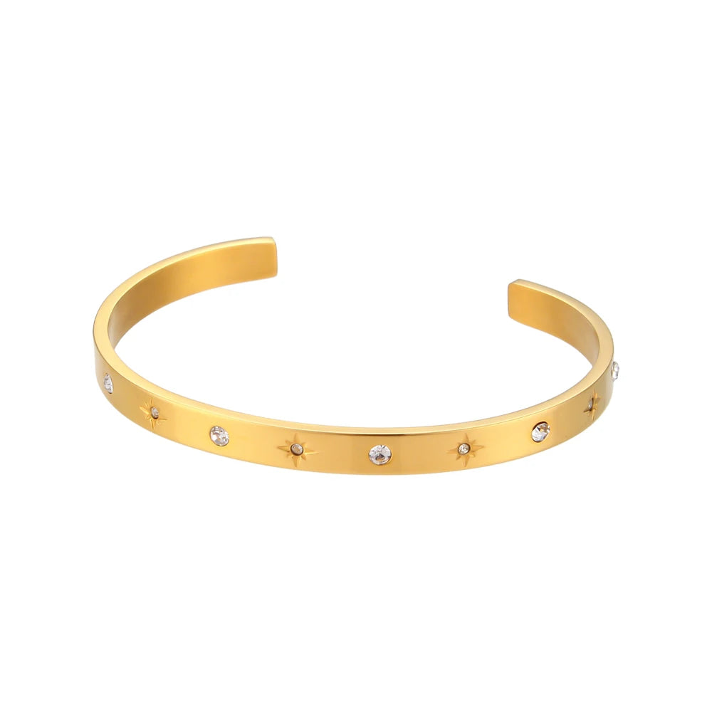 Gold Plated Waterproof Shiny Star & Moon Crystal Cuff Bangles Sunset and Swim Gold 1  