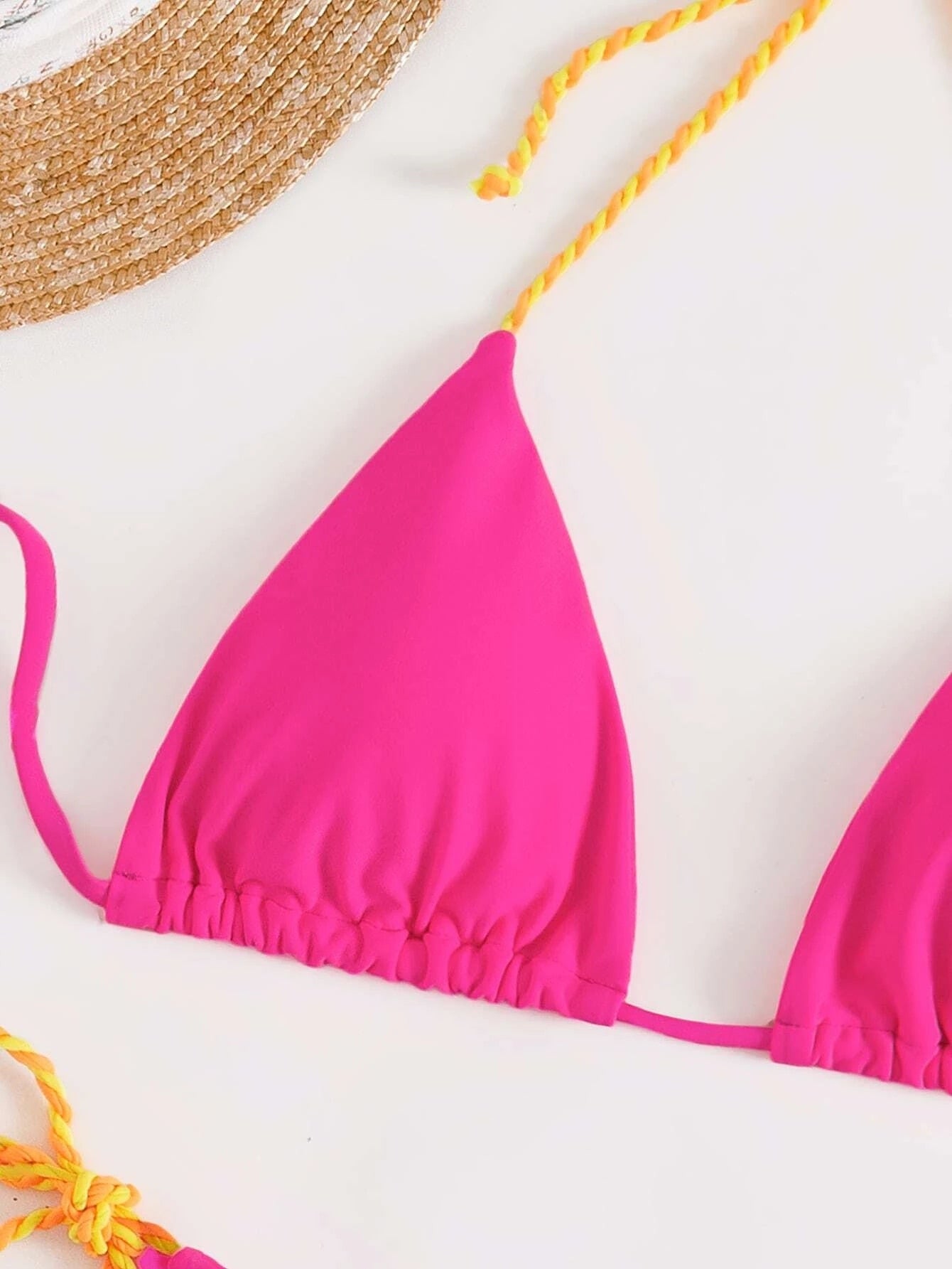Neon Pink Halter Thong String Tie Side Triangle Bikini  Sunset and Swim   