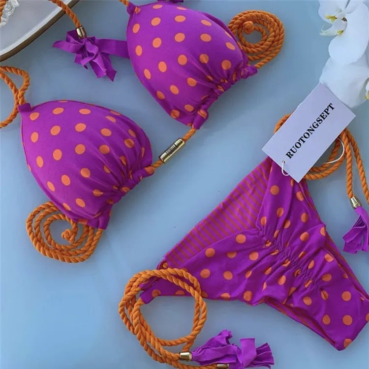 Isabella Tassel Side Tie Halter Bikini  Sunset and Swim Purple 4 S 
