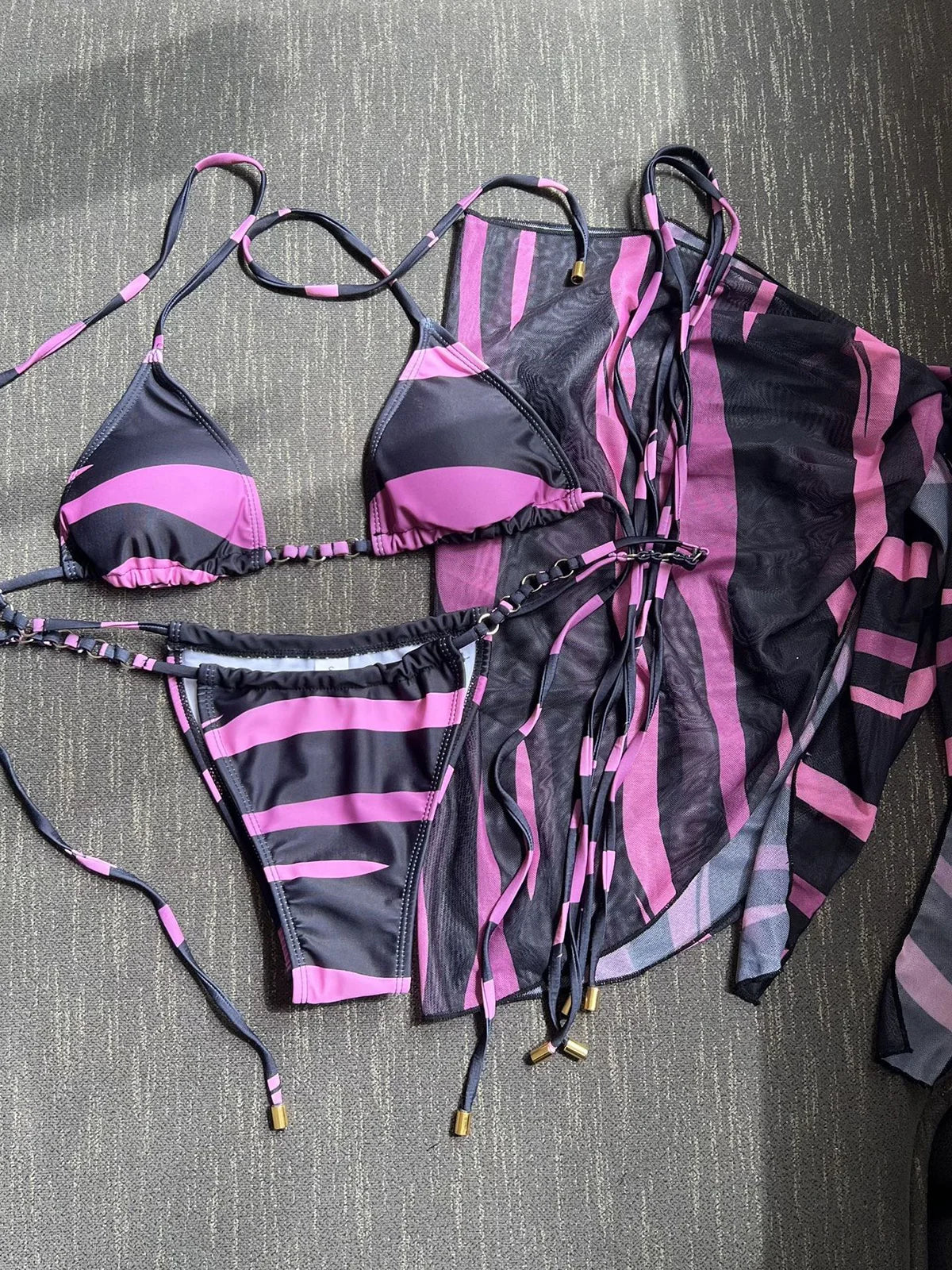 Seaside Stripes Harness Thong Bikini Set with Sarong Sunset and Swim Pink/Black L 