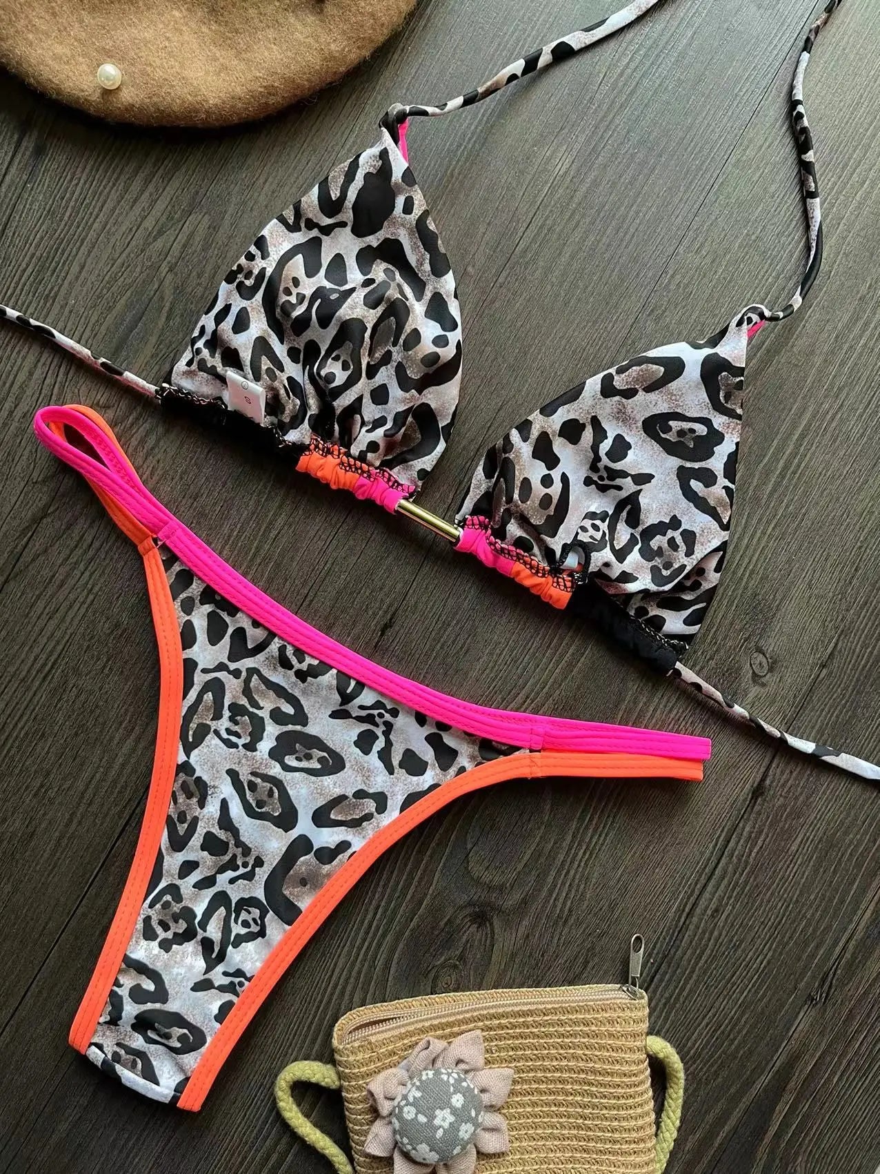 Neon Leopard Colorblock Brazilian Bikini Sunset and Swim Pink/Orange/Leopard S 