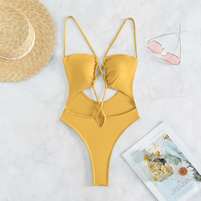 Ocean Breeze Elegance One Piece Cut Out Swimsuit Sunset and Swim Yellow S 