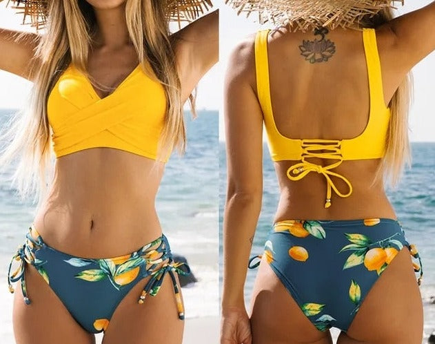 Marbella Low-Waist Lace up Bandage Bikini Set  Sunset and Swim Yellow Lemon S 
