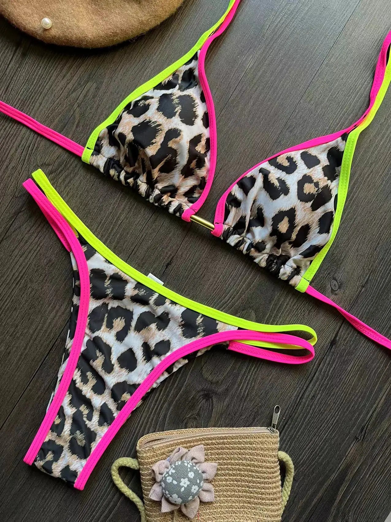 Neon Leopard Colorblock Brazilian Bikini Sunset and Swim   