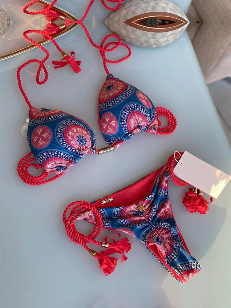 Aurora Tassel Side Tie Halter Bikini  Sunset and Swim Red/Blue S 