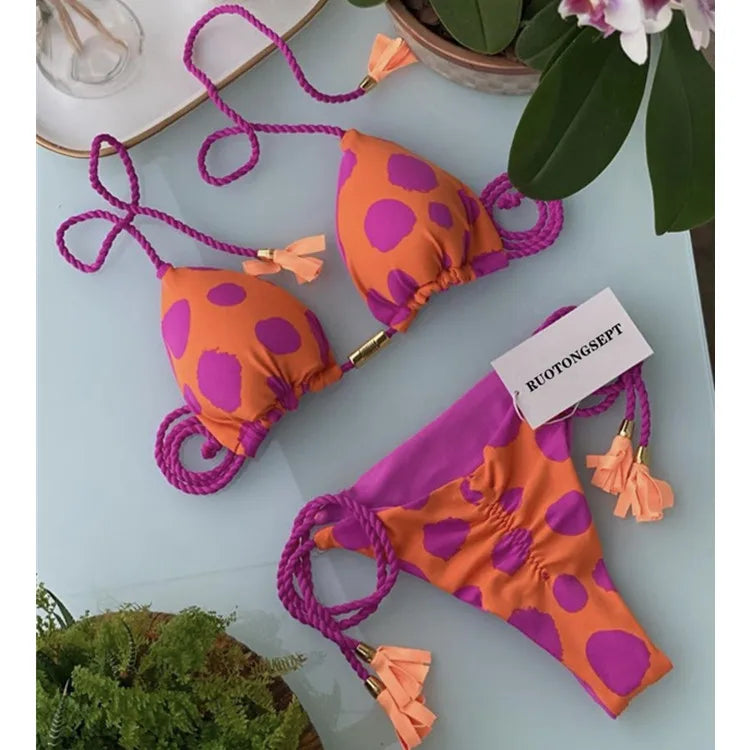Isabella Tassel Side Tie Halter Bikini  Sunset and Swim Orange/Purple 2 S 