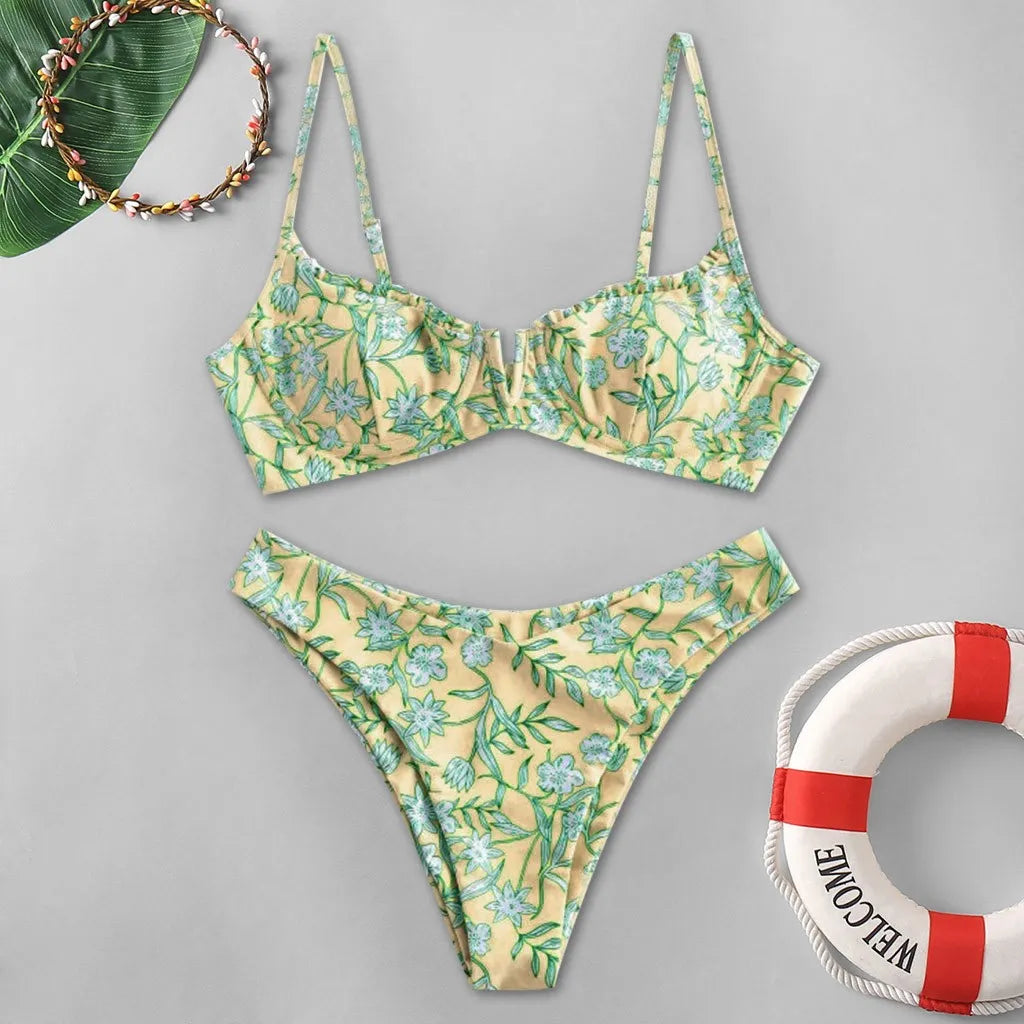 Cute Flower Print High Cut V Neck Bikini  Sunset and Swim Yellow S 