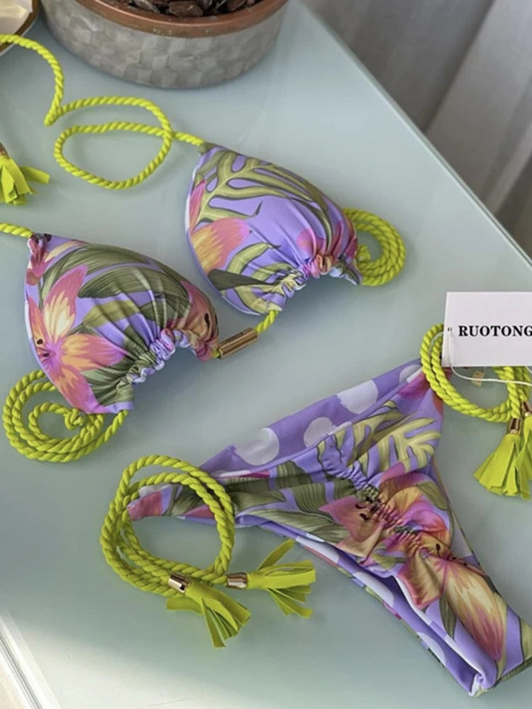 Aurora Tassel Side Tie Halter Bikini  Sunset and Swim Purple/Mixed L 