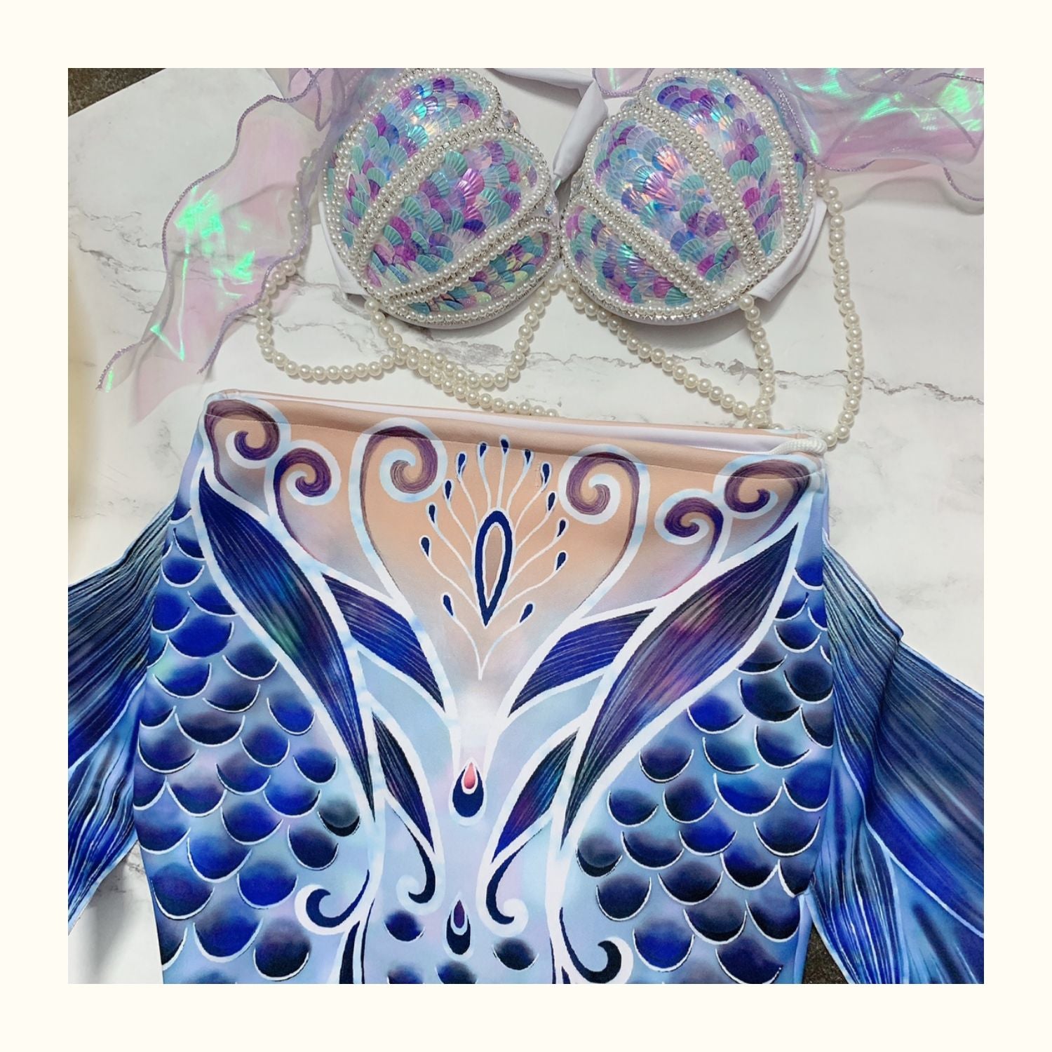 Aqua Opulence Handmade Diamond Pearl Mermaid Bikini Set  Sunset and Swim 4 S 