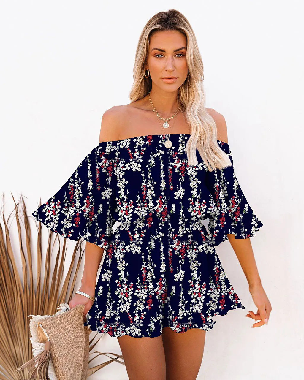 Paradise Awaits Off Shoulder Romper Sunset and Swim Dark blue S 