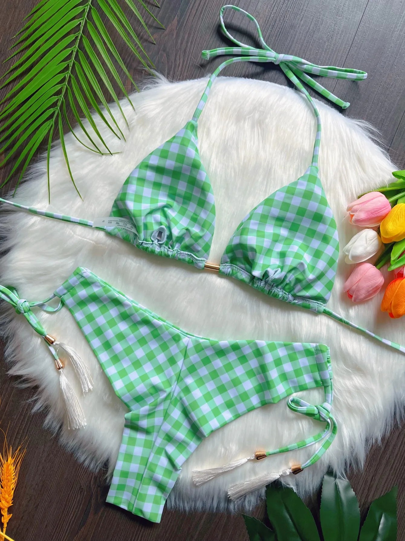 Seaside Picnic Gingham Triangle Bikini Sunset and Swim