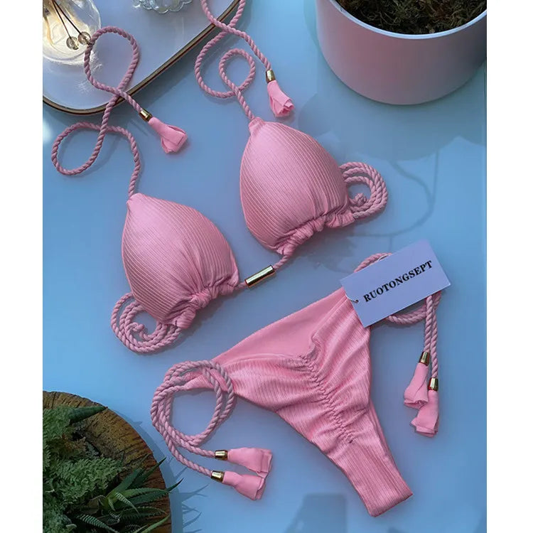 Isabella Tassel Side Tie Halter Bikini  Sunset and Swim Light Pink S 