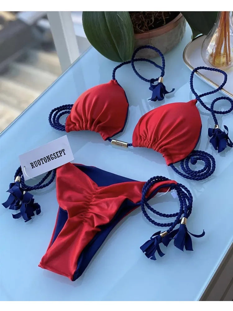 Harper Triangle Bikini Set  Sunset and Swim Red Blue M 