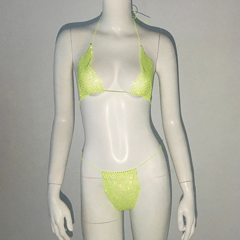 Glitter Goddess See through Micro Kini Rhinestone Bikini  Sunset and Swim Green One Size 
