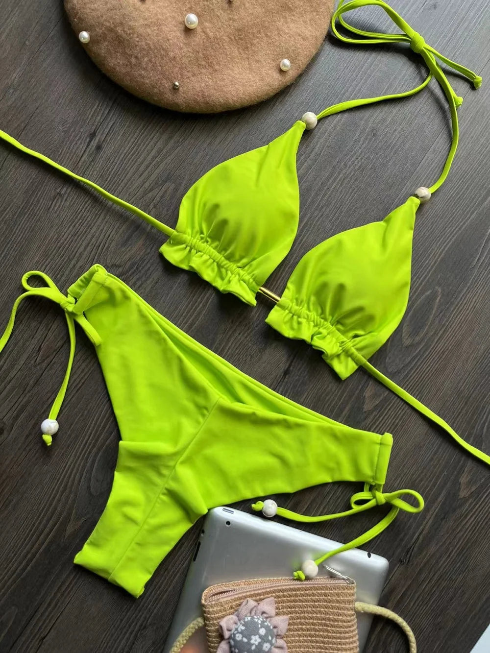 Pool Side Bliss Brazilian Bikini Sunset and Swim Green S 