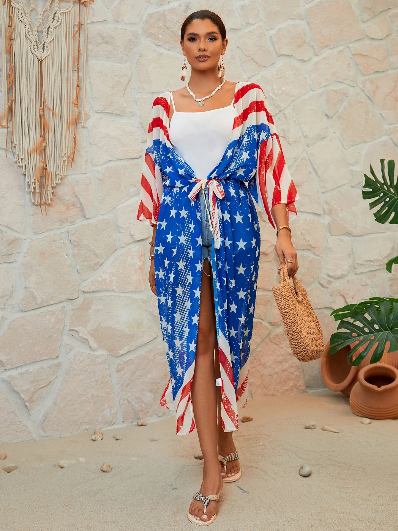 American Flag Maxi Cover Up Kimono Sunset and Swim Red/White/Blue 3 One Size 