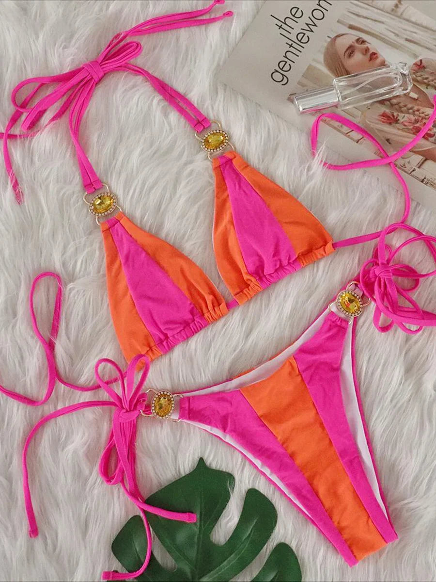 Esmeralda Halter Jewelled Diamond Bikini Sunset and Swim Pink/Orange S 