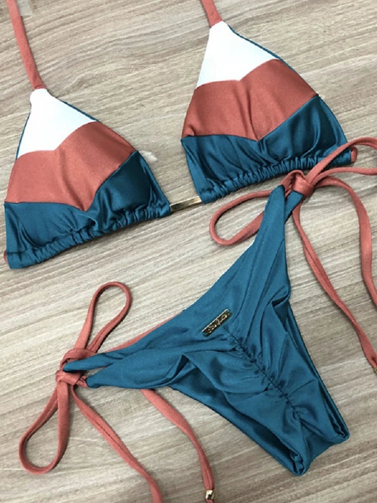 Coastal Colorblock Brazilian Bikini Set Sunset and Swim Dark Green/White/Rust M 